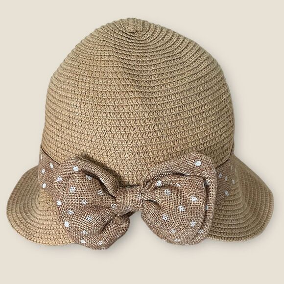 Cute Womens Fedora Straw Hat Clutch Bucket Polka Dot Bow Band Tan White Feminine - Picture 1 of 8